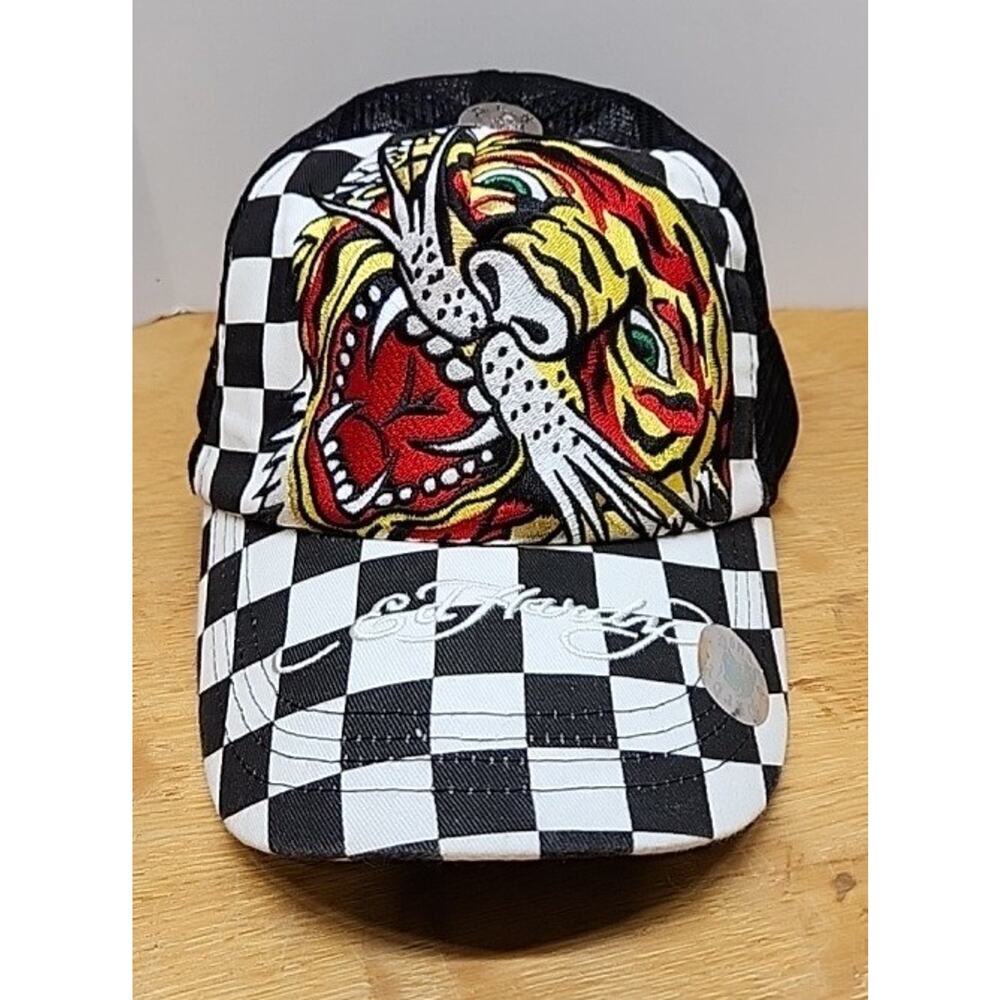 Don Ed Hardy Y2K Vintage Tattoo Wear Tiger Trucker Hat Black Mesh Embroidered